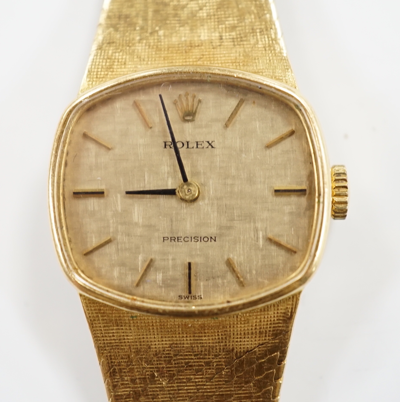 A lady's early 1970's 18ct gold Rolex Precision manual wind dress wrist watch, on integral 18ct gold Rolex bracelet